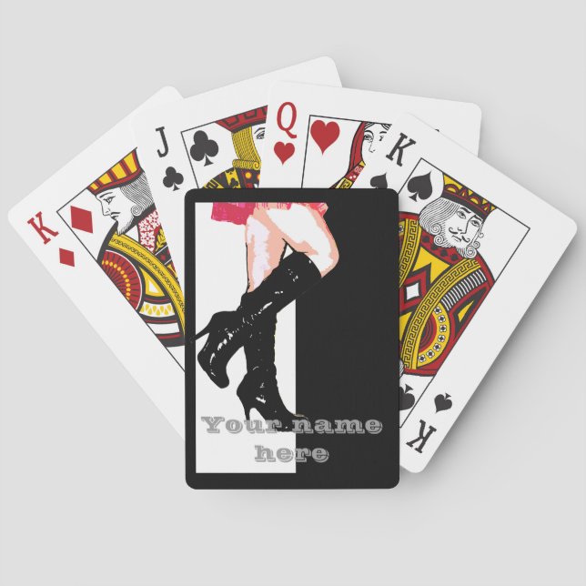 Dancing girl in long boots and miniskirt playing cards (Back)