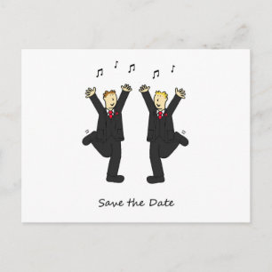Dancing Grooms Save the Date Cartoon Announcement Postcard