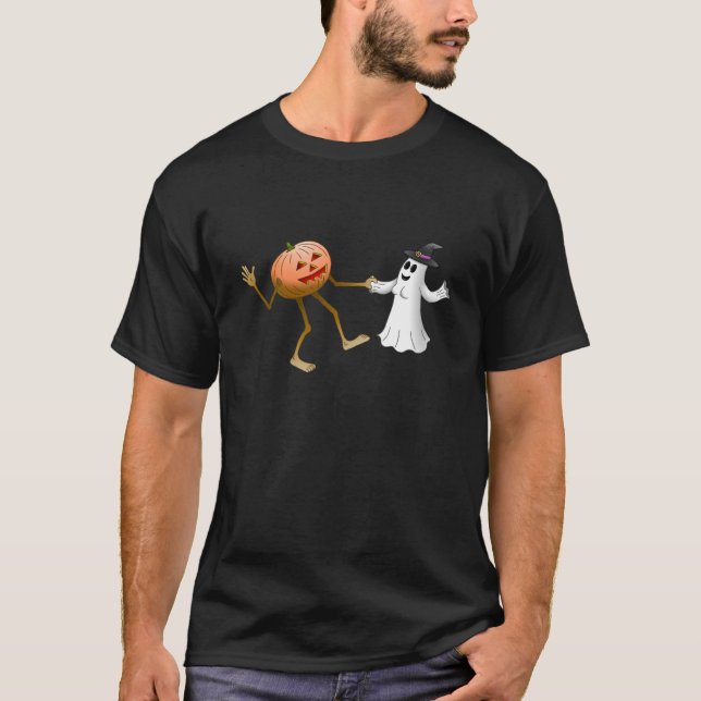 Dancing Halloween Pumpkin and Ghost T-Shirt (Front)