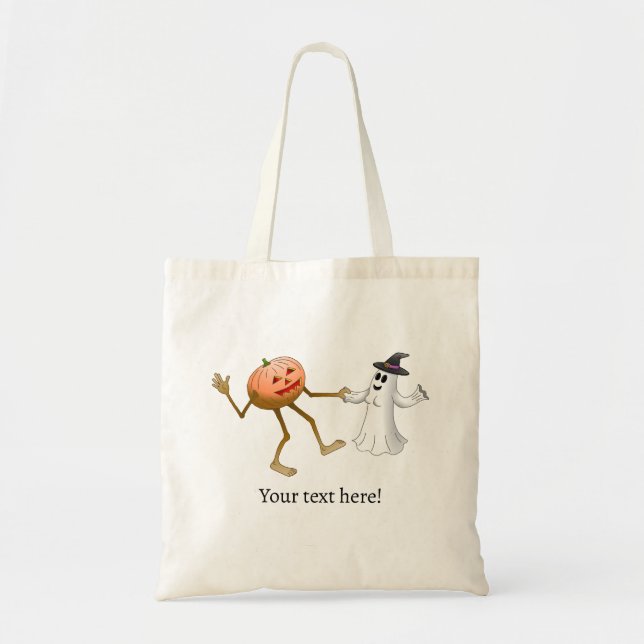 Dancing Halloween Pumpkin and Ghost Tote Bag (Front)