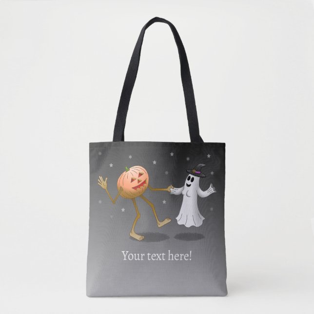 Dancing Halloween Pumpkin and Ghost Tote Bag (Front)