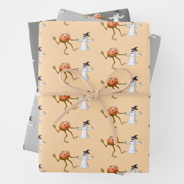 Dancing Halloween Pumpkin and Ghost Wrapping Paper Sheet (In situ)