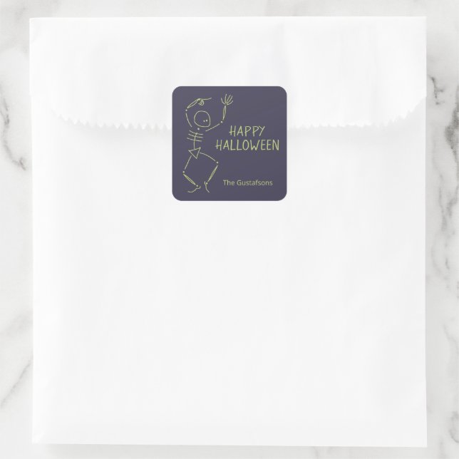 Dancing Halloween Skeleton - purple Square Sticker (Bag)