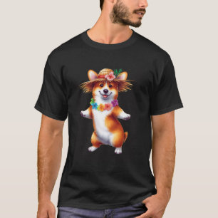 Dancing Hawaiian Corgi with Tropical Flowers Dogs T-Shirt