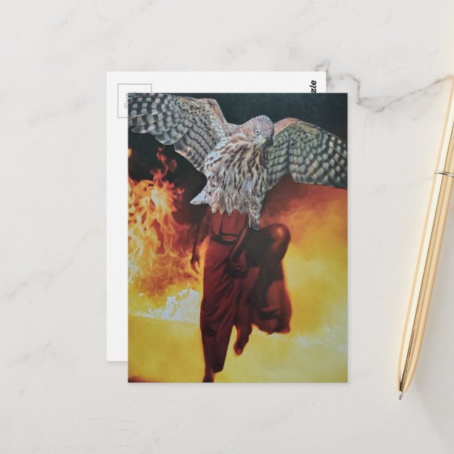 Dancing Hawk in a red dress fantasy collage Postcard (Front/Back In Situ)