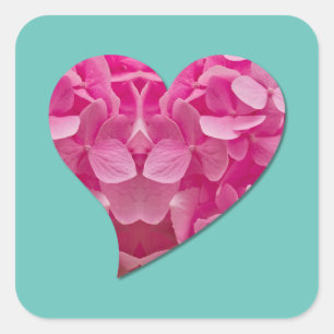 Dancing Heart Pink Hydrangea Flower on Teal Blue Square Sticker