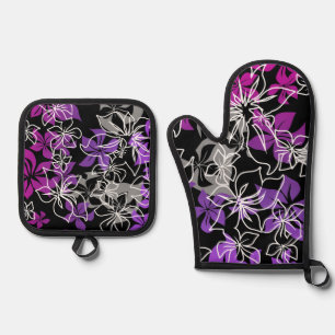Dancing Hibiscus Hawaiian Blend Purple Oven Mitt & Pot Holder Set