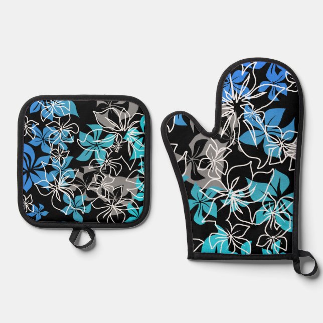 Dancing Hibiscus Hawaiian Blend Teal Oven Mitt & Pot Holder Set (Front)