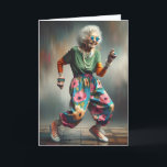 Dancing Hip Old Lady For Birthday Card<br><div class="desc">A joyful elderly woman is dancing and laughing,  wearing a pair of oversized star-shaped sunglasses and vibrant,  colourful clothing for getting older birthday.
The text is editable.</div>