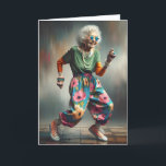 Dancing Hip Old Lady For Birthday Card<br><div class="desc">A joyful elderly woman is dancing and laughing,  wearing a pair of oversized star-shaped sunglasses and vibrant,  colourful clothing for getting older birthday.
The text is editable.</div>