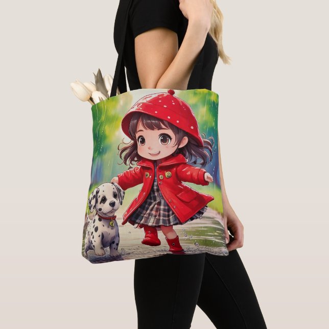 Dancing in rain -chibi art tote bag (Close Up)