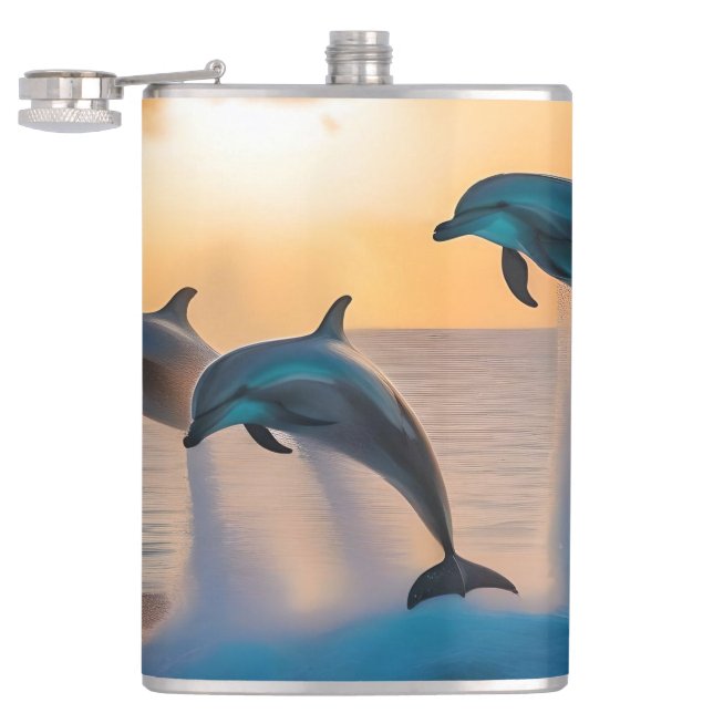 Dancing in the Dusk: Three Dolphins Leaping  Hip Flask (Opened)