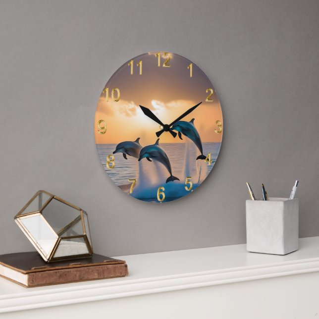 Dancing in the Dusk: Three Dolphins Leaping  Large Clock (Office)