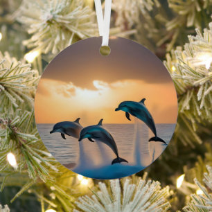Dancing in the Dusk: Three Dolphins Leaping Metal Tree Decoration