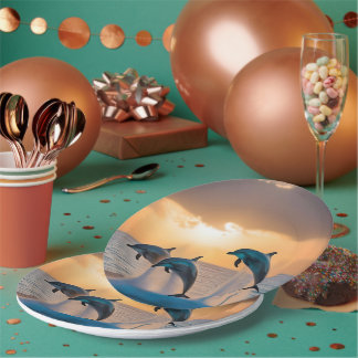 Dancing in the Dusk: Three Dolphins Leaping Paper Plate