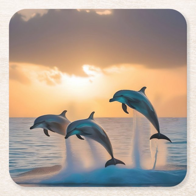 Dancing in the Dusk: Three Dolphins Leaping  Square Paper Coaster (Front)