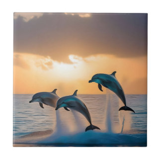 Dancing in the Dusk: Three Dolphins Leaping Tile