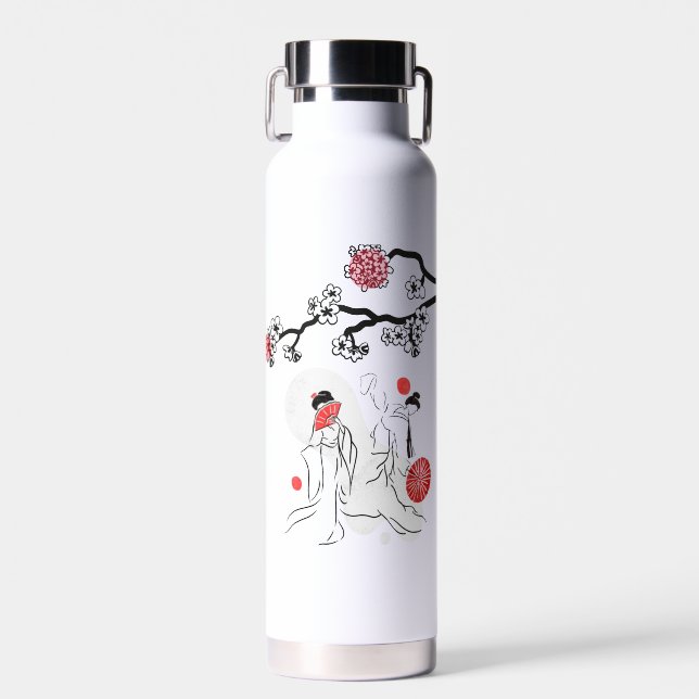 Dancing Japan geisha and Red Flower Water Bottle (Front)