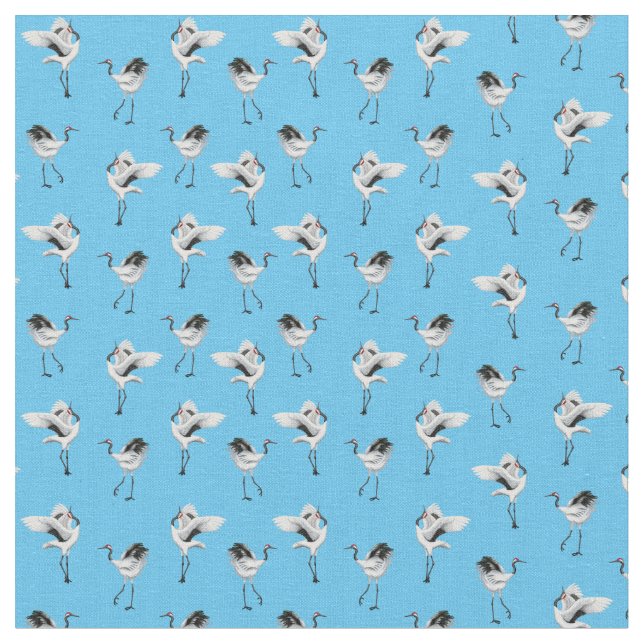 Dancing Japanese Cranes Combed Cotton Fabric (Close Up)