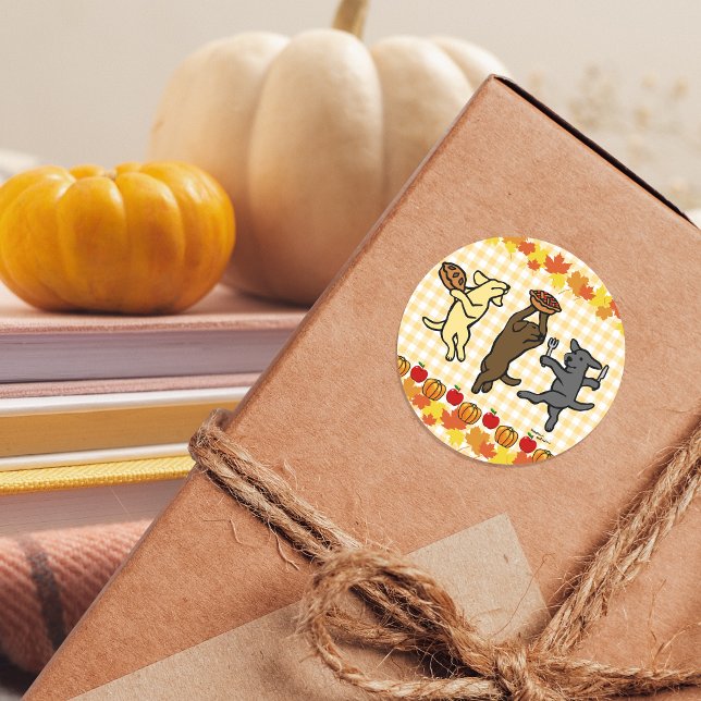 Dancing Labrador Trio Thanksgiving Classic Round Sticker (Dancing Labrador Trio Thanksgiving Cartoon Design Stickers for Labrador Owners.  Pumpkin Pie.)