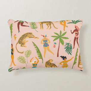 Dancing Ladies, Leopards Vintage Pattern. Decorative Cushion