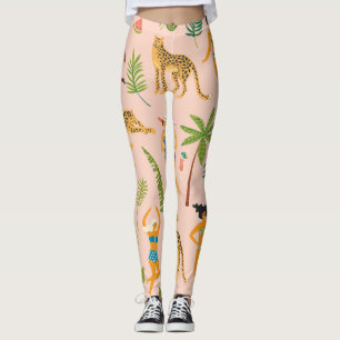 Dancing Ladies, Leopards Vintage Pattern. Leggings