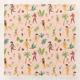 Dancing ladies, palm leaves pattern. glass coaster