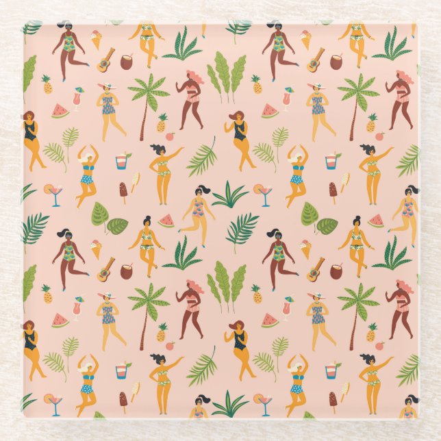 Dancing ladies, palm leaves pattern. glass coaster (Front)