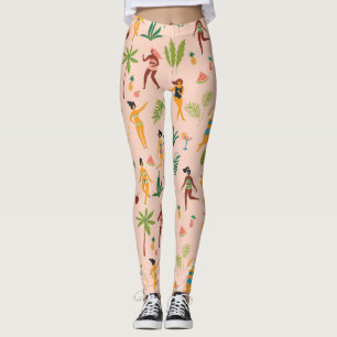 Dancing ladies, palm leaves pattern. leggings