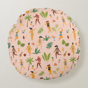 Dancing ladies, palm leaves pattern. round cushion