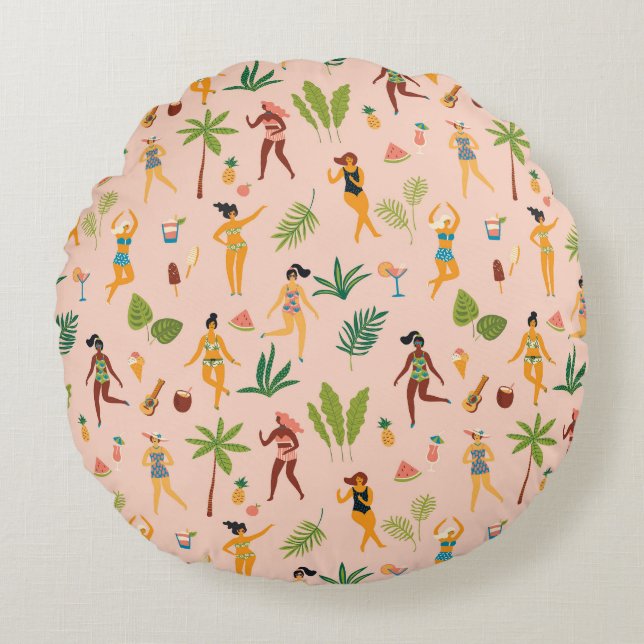 Dancing ladies, palm leaves pattern. round cushion (Front)