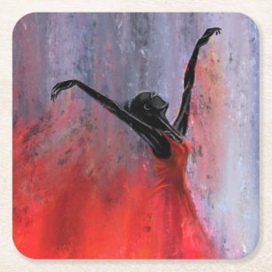 Dancing Lady in Red - Abstract Original Painting Square Paper Coaster