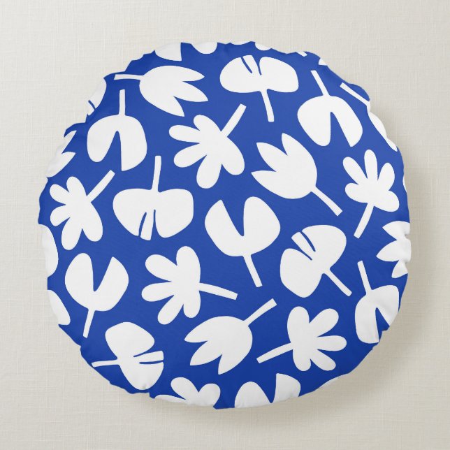 Dancing Leaves Blue Pattern Round Cushion (Front)