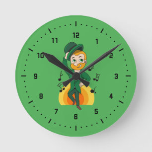 Dancing leprechaun, St. Patrick's Day cartoon  Round Clock