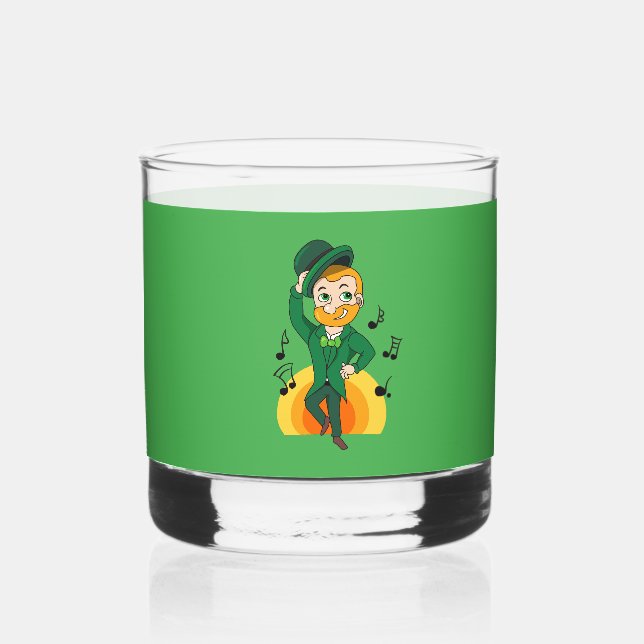 Dancing leprechaun, St. Patrick's Day cartoon  Whiskey Glass (Front)