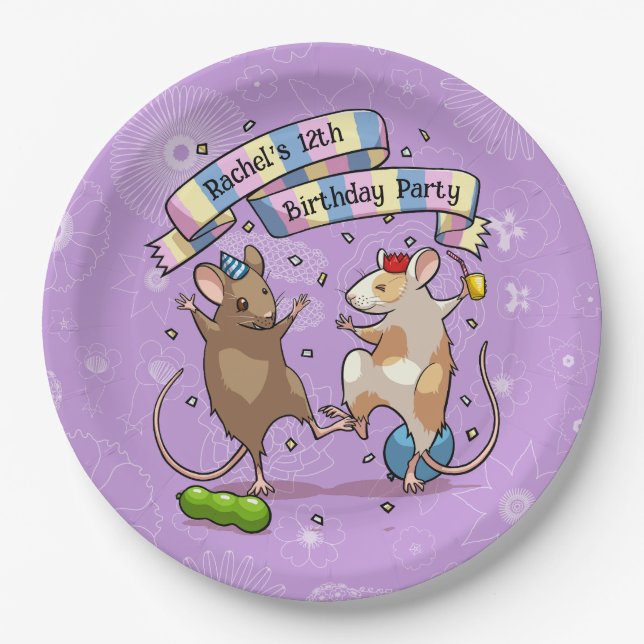 Dancing Mice Add The Name Happy Birthday Party Paper Plate (Front)