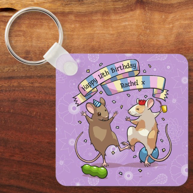Dancing Mice Name & Age Happy Birthday Party Key Ring (Front)