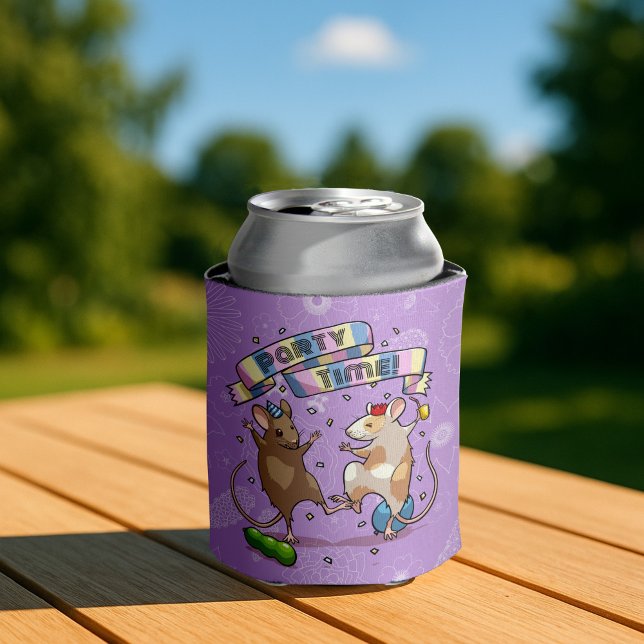 Dancing Mice Party Time Banner Confetti & Balloons Can Cooler (Creator Uploaded)