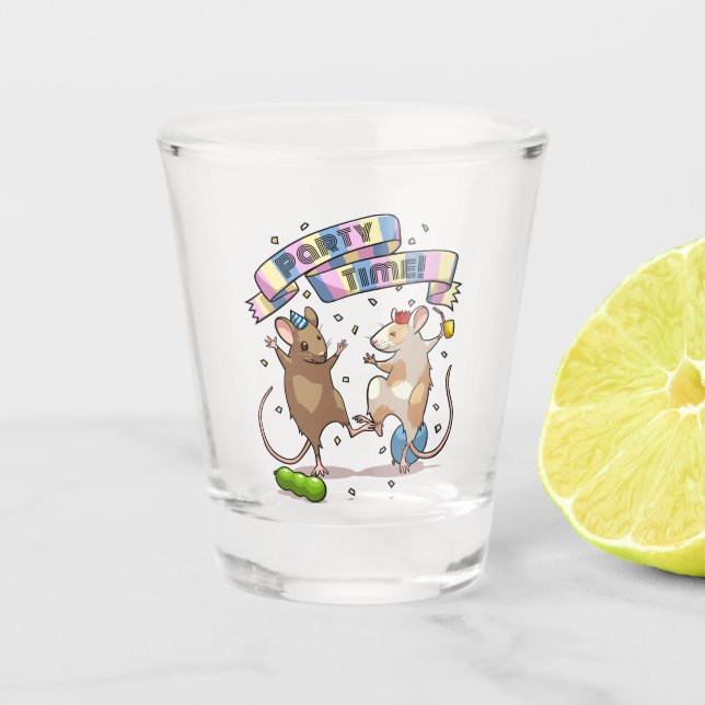 Dancing Mice Party Time Banner Confetti & Balloons Shot Glass (Front)