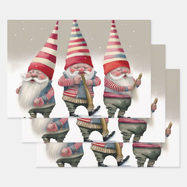 Dancing Musical Christmas Gnomes Wrapping Paper Sheet (Set)