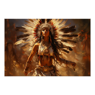 Dancing Native American Woman in Headdress Poster
