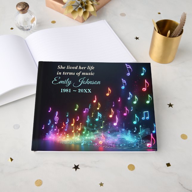 Dancing Neon Musical Notes for Memorial Service Guest Book (Front Open)