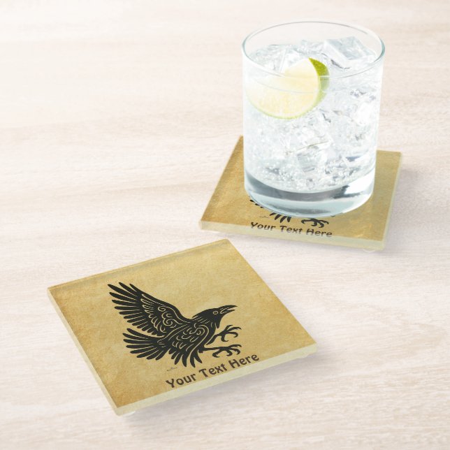 Dancing Norse Raven Glass Coaster (Angled)