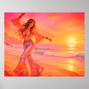 Dancing On the Beach Under the Sunset on a Large Poster