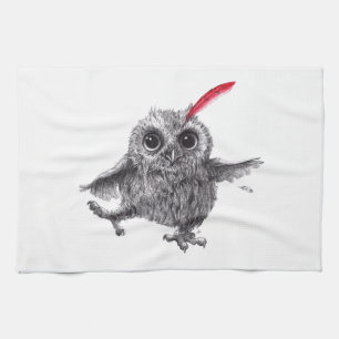 Dancing Owl with Red Feather Tea Towel