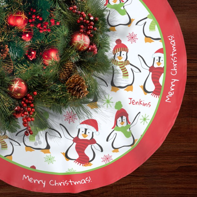 Dancing Penguins Red and Green Pattern Christmas Brushed Polyester Tree Skirt (Creator Uploaded)