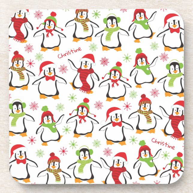 Dancing Penguins Red and Green Pattern Christmas Coaster (Front)