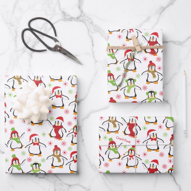 Dancing Penguins Red and Green Pattern Christmas Wrapping Paper Sheet (Front)