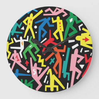 Dancing people, doodle set pattern. large clock
