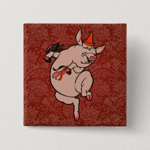 Dancing Pig Antique Cute Dancer 15 Cm Square Badge